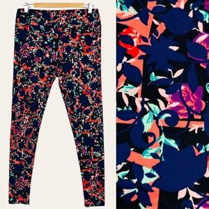 LuLaRoe Floral Botanical Print High Rise Casual Lounge Pants Leggings Navy Blue